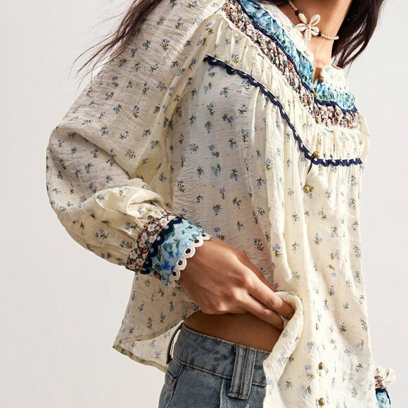 Blue Boho Casual Women's Country Vacation Woven Print Long Sleeve Loose Blouse - Picture 4 of 8